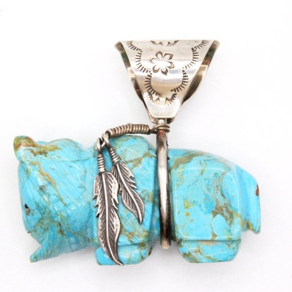 Vintage Zuni Buffalo Fetish Sculpted Turquoise 2" Large Sterling Silver Pendant - Picture 7 of 11